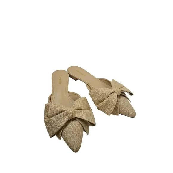Larroude Elle Flat Mule In Beige Raffia Size 5.5 - Picture 4 of 7
